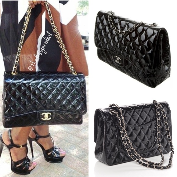 Auth CHANEL Black Jumbo Patent Quilted Single Flap - Picture 1 of 14